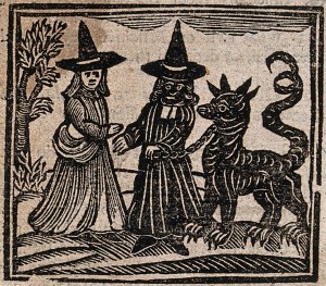 Witchcraft: a white-faced witch meeting a black-faced witch Credit: Wellcome Library, London. Wellcome Images images@wellcome.ac.uk http://wellcomeimages.org Witchcraft: a white-faced witch meeting a black-faced witch with a great beast. Woodcut, 1720. 1720 Published:  -  Copyrighted work available under Creative Commons Attribution only licence CC BY 4.0 http://creativecommons.org/licenses/by/4.0/
