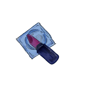 Illustration of a lipstick tube and a wrapped condom