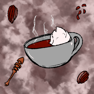 Image of a cup of hot cocoa surrounded by cocoa beans and a molinillo